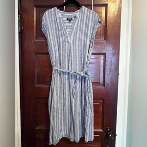 Jones New York Blue and White Vertical Stripe Tie-Waist Midi Dress